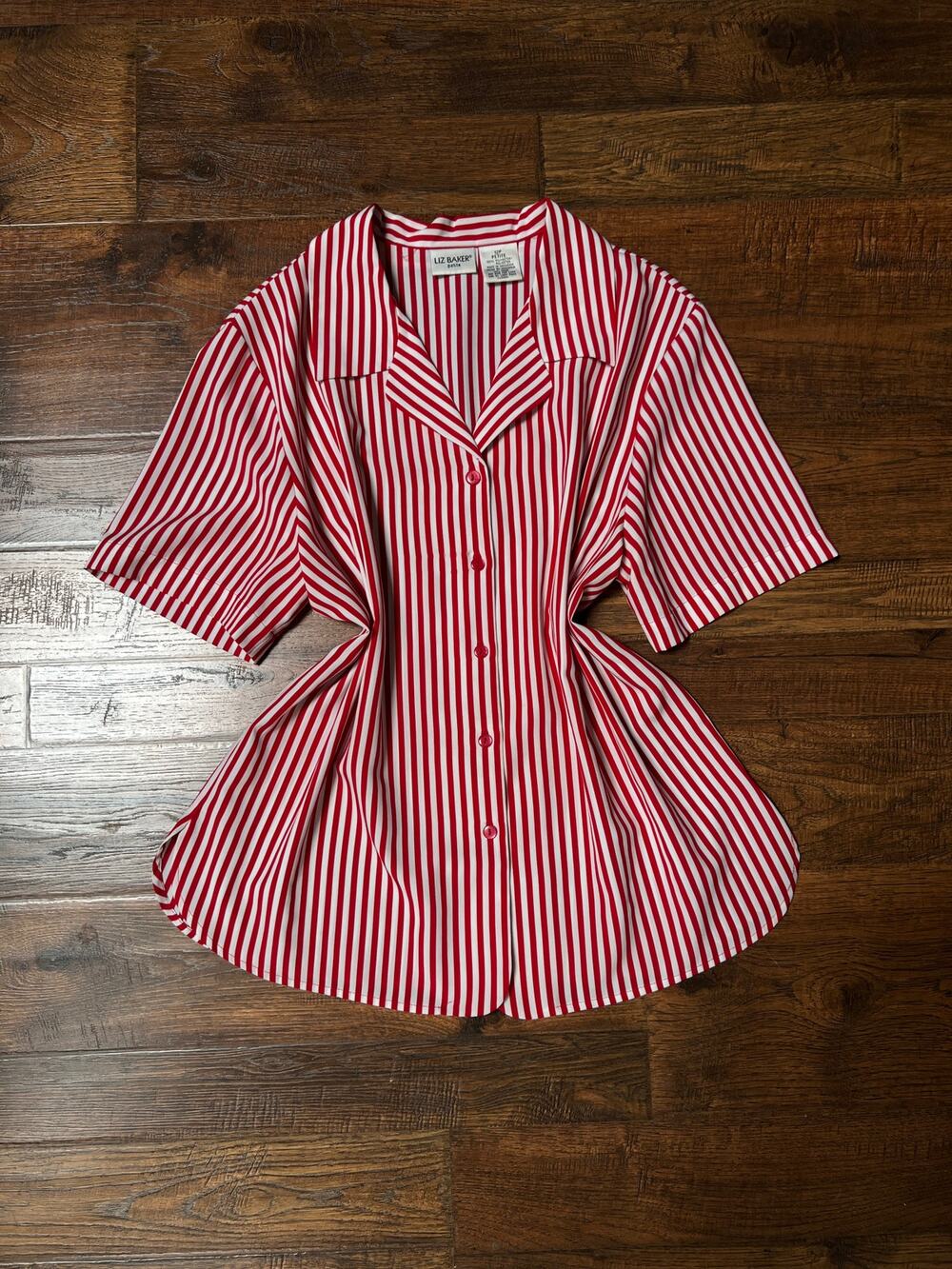 Vintage Liz Baker Petite Polyester Blouse Red & White Striped Button Up – Large